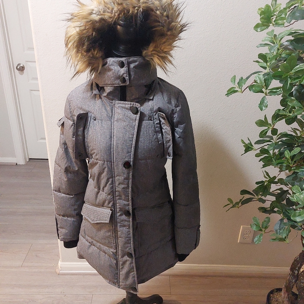 Celsius Premium Women's Gray Puffer Winter Jacket Faux Fur Size Small